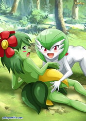 2girls anthro ass bellossom blush female female_only fingering flower gardevoir green_skin multiple_girls open_mouth outside plant_girl pokémon_(species) pokemon pokemon_(species) pokepornlive pussy red_eyes yuri