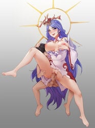 big_breasts blue_hair bo_saixi_(douluo_dalu) breasts douluo_dalu female floating_object hair_ornament long_hair milf no_bra no_panties sleeves spread_legs vaginal_penetration