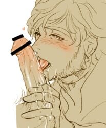 2boys alfred_(bloodborne) bar_censor bloodborne blowjob blush erection fellatio fromsoftware gay holding_penis licking_penis male_only oral penis puin sideburns solo_focus veiny_penis yaoi