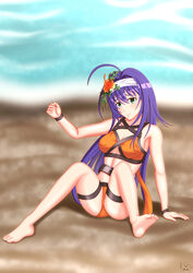 1girls alternate_costume bikini cleavage fire_emblem fire_emblem:_path_of_radiance fire_emblem:_radiant_dawn fire_emblem_heroes frown green_eyes hair_flower headband long_hair match_earhart medium_breasts mia_(fire_emblem) mia_(summer)_(fire_emblem) nintendo nipples orange_bikini orange_swimsuit purple_hair sideboob sitting solo solo_female swimsuit underboob undressed very_long_hair