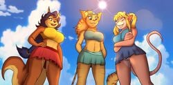 3girls angela_cross anthro beach below_view breasts carmelita_fox crash_(series) crossover female from_below fur furry makeup pasadena_o'possum ratchet_and_clank sly_cooper_(series) smooth_fur swimsuit swimwear upskirt