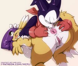 anthro anus balls blush canine digimon digimon_(species) humanoid humanoid_on_anthro imminent_anal imp impmon looking_back male mcfli purple_fur pussy renamon saliva size_difference small_dom_big_sub yellow_fur