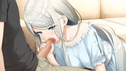 1boy bangs black_shirt blue_eyes blush bow censored collarbone couch cum cum_in_mouth cum_on_hair facial fellatio female game_cg grey_pants highres indoors kamisama_no_you_na_kimi_e kantoku long_hair mosaic_censoring off-shoulder_shirt off_shoulder official_art oral pants penis shiny shiny_hair shirt short_sleeves silver_hair straight swept_bangs t-shirt tsukuyomi_(kamikimi) white_bow white_shirt