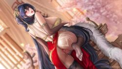 anal anus ass azur_lane bangs bare_back bare_shoulders black_hair black_legwear breasts china_dress chinese_clothes cum cum_in_pussy cum_on_ass cum_on_body cum_on_feet dress dripping elbow_gloves feet female from_behind fur-trimmed_jacket fur_trim gaping gloves hair_ornament jacket large_breasts leg_up legs_apart lips lipstick looking_at_viewer makeup naughty_face official_alternate_costume pussy pussy_juice red_eyes seductive_smile sideboob smile soles spread_anus spread_legs string string_pull taihou_(azur_lane) taihou_(phoenix's_spring_song)_(azur_lane) thick_lips thick_thighs thighhighs thighs tsuki_no_i-min undressing wet