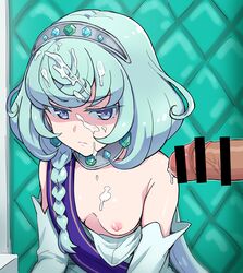 aikatsu! alicia_charlotte bar_censor bob_cut breasts censored closed_mouth cum cum_on_hair diadem facial female medium_hair nipples one_breast_out penis purple_eyes shaded_face small_breasts solo_focus yoban