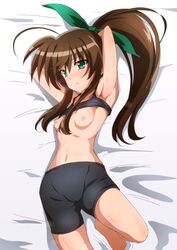 armpits arms_up bed bike_shorts blush breasts brown_hair commentary_request female fuuka_reventon green_eyes hair_ribbon highres kashima_fumi leg_up long_hair looking_at_viewer lyrical_nanoha navel petite ponytail ribbon small_breasts sweat vivid_strike!