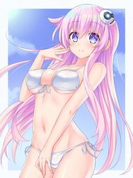 bikini kazuneko_(wktk1024) kazuneko_jp long_hair medium_breasts nepgear neptunia_(series) pink_hair purple_eyes smile swimsuit white_bikini