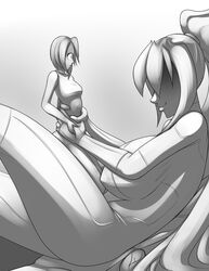 2girls ass ass_expansion breast_expansion breasts comic female female_only giantess grim_(artist) huge_ass huge_breasts monochrome original original_character wide_hips yuri