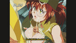 1boy 1girls breasts brown_hair commentary cum cum_on_body cum_on_breasts cum_on_clothes cum_on_glasses dirtyero_(artist) ejaculation ejaculation_between_breasts english_commentary english_text faceless_male female fio_germi glasses green_eyes highres large_breasts metal_slug paizuri penis pillarbox ponytail retro_artstyle round_eyewear short_hair snk subtitled tarma_roving uncensored upper_body