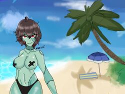 2021 ahoge beach big_breasts bikini bikini_bottom breasts brown_hair clothing detailed_background eye_through_hair female green_body hair navel nipple_tape palm_tree parasol pasties plant red_eyes sea seaside sheico signature sky solo stitch_(sewing) swimwear tape translucent translucent_hair tree undead water zombie