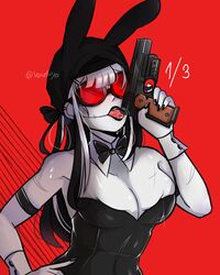 armband bangs black_clothing black_hair black_lipstick black_nail_polish bowtie breasts bunny_ears bunny_girl bunnysuit cuffs female female_only firearm genderswap genderswap_(mtf) goggles grey_skin gun half_body hand_on_hip handgun hank_j._wimbleton headwrap large_breasts licking licking_gun licking_object licking_weapon long_hair madness_combat pistol playboy_bunny ranged_weapon red-tinted_eyewear red_background rule_63 saliva scars shaded signature stitches sunglasses tinted_eyewear tongue_out two_tone_hair verokiyo weapon white_hair