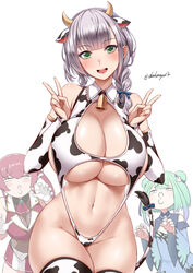 animal_ears animal_print artist_name bangs bare_shoulders bell big_breasts blue_dress blue_ribbon blush braid breasts bridal_gauntlets cleavage cow_ears cow_horns cow_print cow_tail cowbell cowboy_shot curvy darkmaya double_v dress eyebrows_visible_through_hair female female_focus female_only green_eyes green_hair groin hair_ribbon hands_up hololive hololive_fantasy hololive_japan horns houshou_marine huge_breasts jacket large_breasts long_hair looking_at_another looking_at_viewer navel neck_bell open_mouth print_legwear red_hair red_jacket ribbon shirogane_noel silver_hair smile standing stomach tail thighhighs thighs twintails twitter_username underboob uruha_rushia v virtual_youtuber voluptuous white_background