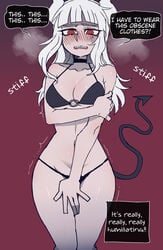 1girls bikini black_bikini blush breasts choker clothes_removed clothing covering covering_crotch demon demon_girl demon_tail dialogue embarrassed english_text fangs female female_only hand_on_arm helltaker hips holding_arm horn horns hourglass_figure humiliation legs_together long_hair lucifer_(helltaker) navel ratatatat74 red_eyes revealing_clothes simple_background skimpy solo solo_female speech_bubble tail text thighs thong trembling uncomfortable underwear white_hair wide_hips