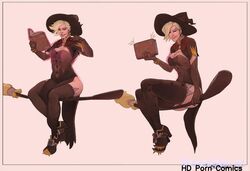 berggie breast_expansion broom female female_only huge_breasts mercy overwatch sequence witch_costume witch_hat