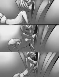 2girls ass ass_expansion breast_expansion breasts comic female female_only giantess grim_(artist) huge_ass huge_breasts licking_pussy monochrome original original_character wide_hips yuri