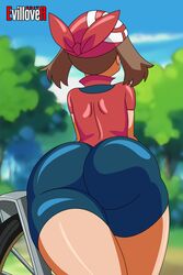 1girls ass bandana big_ass brown_hair dat_ass evillover fat_ass female female_focus female_only latex may_(pokemon) nintendo pokemon red_bandana shiny_clothes shiny_skin solo solo_female spandex_shorts