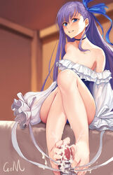 absurdres after_sex bare_shoulders barefoot bikini blue_eyes blurry blush breasts choker cleavage cum cum_on_clothes cum_on_feet cumdrip depth_of_field dominatrix ejaculation fate/grand_order fate_(series) feet female footjob foreshortening frilled_bikini frilled_swimsuit frills highres light_smile long_hair long_sleeves meltryllis_(fate) meltryllis_(swimsuit_lancer)_(fate) one-piece_swimsuit parted_lips penis pov purple_hair signature sleeves_past_fingers sleeves_past_wrists small_breasts solo_focus swimsuit toes two-footed_footjob white_bikini xiao_miao