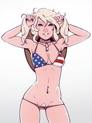 american_flag american_flag_bikini belly_button_piercing bikini bikini_bottom blonde_hair blonde_pubic_hair calamity_rose_(angels_corps) covered_breasts cowboy_hat dave_cheung dog_tags hair_pull partially_clothed pin-up pinup pubic_hair smile solo straight_hair united_states_angels_corps