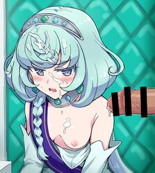 aikatsu! alicia_charlotte bar_censor blush bob_cut breasts censored cum cum_on_hair diadem facial female medium_hair nipples one_breast_out open_mouth penis small_breasts solo_focus yoban