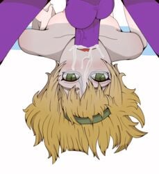 blonde_hair blueycapsules crying face_fucking five_nights_at_freddy's fnaf green_eyes hair_accessory lipstick miss_bunny_(artist) naked oral purple_guy_(fnaf) purple_penis purple_skin rape sunny_(blueycapsules) throat_swabbing upside-down william_afton