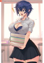 1girls artist_signature atlus big_breasts blue_bra blue_eyes blue_hair bra bra_snap breast_lift breasts bursting_breasts button_down_shirt button_pop button_popping buttons cleavage cropped_legs female female_only holding_book holding_object inconvenient_breasts large_breasts motion_lines patreon_username persona persona_4 persona_4_the_golden pleated_skirt shirogane_naoto shocked short_sleeves skirt surprised tagme thick thick_thighs thighhighs thighs voluptuous xhaart