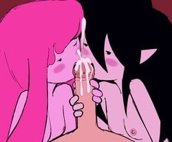 1boy 2girls adventure_time areolae black_hair blowjob blush breasts cheek-to-cheek collaborative collaborative_fellatio collaborative_licking cum cumming cumshot double_fellatio drpizzaboi1 fellatio female female_focus finn_the_human licking_penis long_hair male marceline nipples nude open_mouth oral pink_hair pink_skin pointy_ears pov princess_bubblegum small_breasts threesome tongue_out unseen_male_face vampire