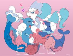 2018 3girls blue_eyes blue_fur bovine breastfeeding breasts brionne closed_eyes daughter female female_only furry group hybrid hyper hyper_pussy interspecies lactation leaking milk mother mother_and_daughter nintendo oral parent pink_background pinniped pokémon_(species) pokemon pokemon_sm popplio primarina pussy pussy_juice slimefur teats text udders veins veiny_udders video_games wet white_fur yuri