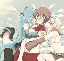 3girls aqua_eyes aqua_hair blonde_hair blue_eyes blush breast_grab breasts brown_eyes brown_hair closed_eyes color female female_only girl_sandwich green_hair group hair_ornament hair_ribbon hairbow hairclip hatsune_miku headphones headset hug kagamine_rin kissing long_hair meiko midriff multiple_girls namo_do ribbon short_hair skirt smile sweat thighhighs tied_hair twintails very_long_hair vocaloid yuri zettai_ryouiki