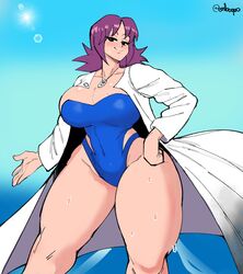 1girls 2021 alternate_body_type alternate_breast_size big_breasts breasts brown_eyes curvaceous embo female female_focus female_only half-closed_eyes hand_on_hip huge_breasts huge_thighs human labcoat looking_at_viewer nintendo one-piece_swimsuit pale-skinned_female pale_skin philena_ivy pokemon pokemon_professor pokemon_rgby purple_hair short_hair simple_background smug solo solo_female solo_focus sweat sweatdrop thick_thighs wide_hips