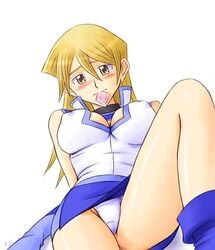 alexis_rhodes blonde_hair blush bonnie_(rsg) breasts cleavage condom condom_in_mouth elbow_gloves erect_nipples female female_only gloves human large_breasts long_hair lying mouth_hold obelisk_blue_uniform on_back panties pantyshot school_uniform skirt solo underwear yellow_eyes yu-gi-oh! yu-gi-oh!_gx