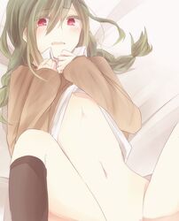 blush bottomless female green_hair human kagerou_project kido_tsubomi navel red_eyes small_breasts solo stockings