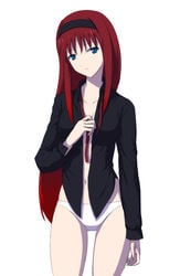 akiha_tohno blue_eyes breasts hairband highres long_hair melty_blood no_bra open_clothes open_shirt panties red_hair shirt tohno_akiha toono_akiha tsukihime type-moon underwear vermillion_akiha yasuko yasuko_(yg)