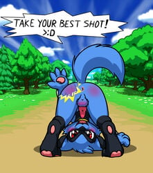 anus ass balls bent_over blush forest knot looking_at_viewer male male_only nintendo penis pokemon presenting raised_tail riolu solo spanking spread_legs spreading tree twotails video_games