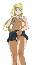 beige_skin blonde_hair blue_eyes breasts clothes color female female_only from_below fullmetal_alchemist highres human ice_place long_hair open_eyes panties ponytail shirt_lift skirt solo tank_top tied_hair underboob underwear winry_rockbell