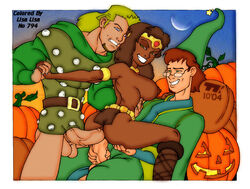 1girls 2boys anal black_hair blonde_hair brown_hair color colored dark-skinned_female dark_skin diana_the_acrobat double_penetration dungeons_and_dragons dungeons_and_dragons_(cartoon) eyeshadow forgotten_realms glasses hank_the_ranger interracial lipstick lisa_lisa_(artist) makeup night nipple no_bra presto_the_magician pumpkin pumpkin_patch sideboob turk128 uncensored vaginal