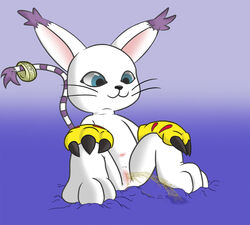 blue_eyes claws digimon feline female gatomon navel peeing purple_background pussy sitting solo spread_legs spreading urine ziyen