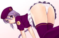 ass braid dutch_angle hat katatsuka_kouji melty_blood panties pantyshot purple_eyes purple_hair purple_legwear purple_thighhighs single_braid sion_eltnam_atlasia solo thighhighs tsukihime type-moon underwear