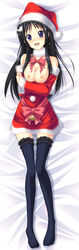 bell black_hair blue_eyes blush bow breasts christmas dakimakura female female_only hat highres human human_only k-on! long_hair mikamin mio_akiyama_(k-on!) nipples open_mouth santa_costume santa_hat solo thighhighs zettai_ryouiki zettai_ryouiki_dakimakura