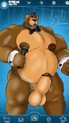 1boy abstract_background animatronic anthro balls big_balls big_penis black_nose blue_background blue_eyes bow_tie bowtie brown_body brown_skin camera cupcake_(fnaf) dinobull15 five_nights_at_freddy's freddy_(fnaf) genitals handwear headgear headwear holding_microphone liol_2.0 looking_at_penis machine mail male male_only multicolored_body multicolored_skin nipples open_mouth penis robot sharp_teeth smile smiling solo solo_male special_delivery standing tongue top_hat trolley video_games watermark