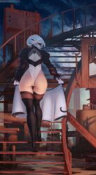 1girls ass back black_legwear blindfold leotard naftosaur nier nier:_automata skindentation solo stairs thighhighs undressing white_hair yorha_2b