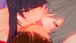 1boy 2girls 3d 3some animated black_hair close-up french_kiss french_kissing girls_und_panzer grey_hair group_kissing koikatsu lesbian licking_tongue making_out mature_female milf nishizumi_shiho nnnorr older_female open_mouth red_eyes shimada_chiyo sound threesome tongue_kiss tongue_licking tongue_out video wife younger_male yuri