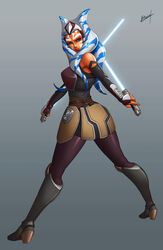 1girls ahsoka_tano big_breasts blue_eyes breasts clothed clothing curvy female female_focus female_only hi_res karosu-maker looking_at_viewer looking_back revealing_clothes sideboob simple_background solo standing star_wars star_wars_rebels togruta watermark wide_hips