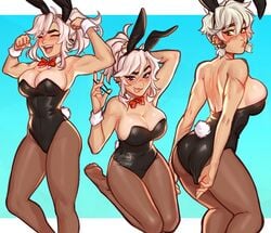 1girls ass big_ass big_breasts blush blushypixy blushyspicy bow breasts bunny_ears bunny_girl bunnysuit cleavage clothed ear_piercing female female_only flexing flexing_bicep hair_tie kaye_(blushypixy) large_breasts original ponytail scar short_hair smile solo tanline tomboy tongue tongue_out white_hair