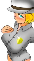 1girls badge big_breasts blonde_hair blue_eyes blush bottomless breasts button_down_shirt charlotte_(dead_ahead) clothed collarbone dead_ahead deputy_badge female female_only grey_shirt half-dressed hand_on_breast hat looking_at_viewer pale-skinned_female pale_skin police_badge shirt short_hair simple_background smile solo solo_female standing white_background white_hat