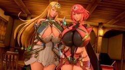 3d abeclndar72 armor armored_dress big_breasts blonde_hair bob_cut breasts females females_only honey_select huge_breasts large_breasts long_hair looking_at_viewer mythra nintendo pyra red_eyes red_hair short_hair thick_thighs top_heavy wide_hips xenoblade_(series) xenoblade_chronicles_2 yellow_eyes