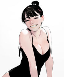 1girls breasts cleavage clothed cute dhk hairclip looking_at_viewer one-piece_swimsuit ponytail smile