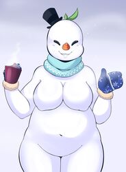 anthro barely_visible_genitalia frosty_the_snowman holding_mug hot_mug rule_63 snow white_skin