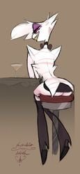 1boy 4_arms angel_dust_(hazbin_hotel) arched_back artblush ass choker clothed demon hazbin_hotel looking_at_viewer looking_back male male_only presenting_ass sharp_teeth sitting skirt solo solo_focus solo_male spider thick_thighs thighhighs thighs white_fur white_skin