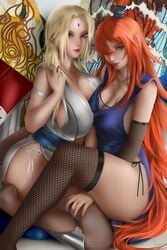 2girls armwear big_breasts blonde_hair breasts brown_eyes busty clothed_female female female_only fishnets green_eyes huge_breasts kimono kneeling legwear lipstick looking_at_viewer makeup mature mature_female mei_terumi multiple_girls nail_polish naruto naruto_(series) naruto_shippuden no_bra orange_hair orca.huang panties side-tie_panties sitting thick_thighs tied_hair topknot tsunade twintails underwear very_long_hair