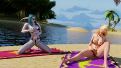 2girls beach bikini blonde_hair blood_elf blue-tinted_eyewear blue_hair breasts elf flashing grabbing_own_breast multiple_girls night_elf nipples pulling_panties vell(vellektra) vellektra world_of_warcraft